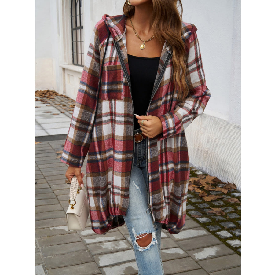 Plaid Zip Up Hooded Coat Apparel and Accessories