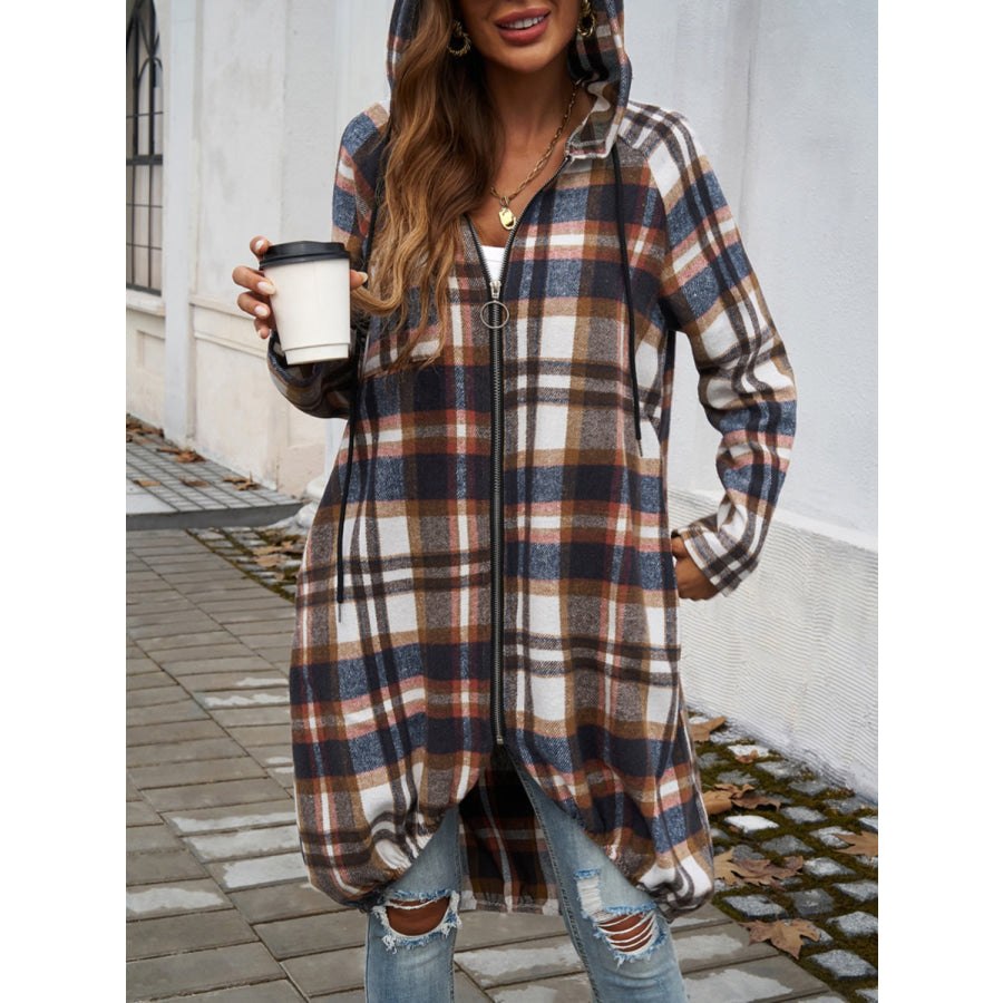 Plaid Zip Up Hooded Coat Apparel and Accessories