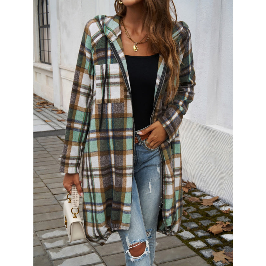 Plaid Zip Up Hooded Coat Dark Green / S Apparel and Accessories