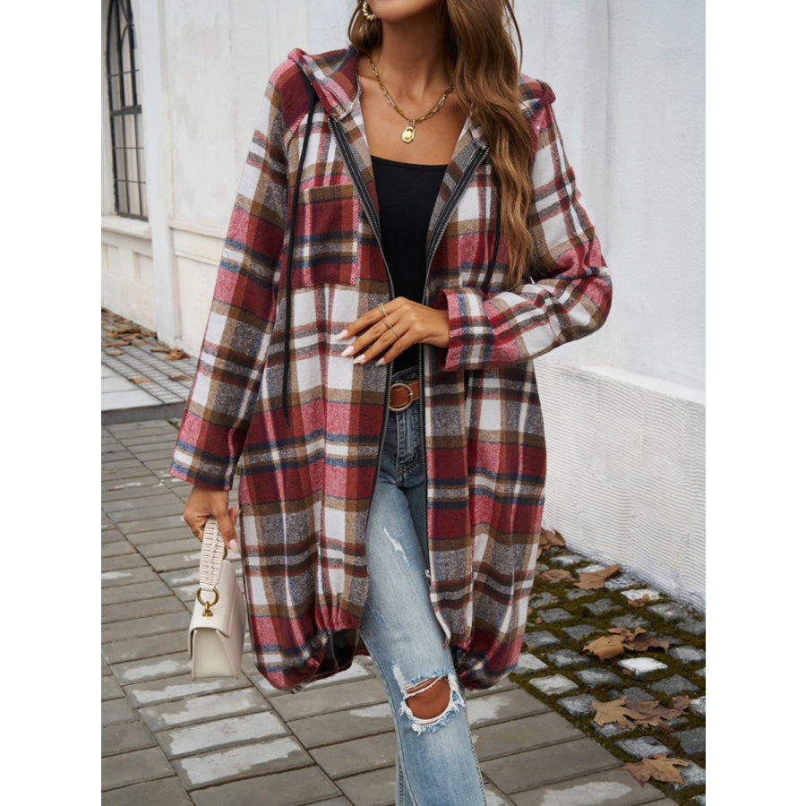 Plaid Zip Up Hooded Coat Scarlet / S Apparel and Accessories