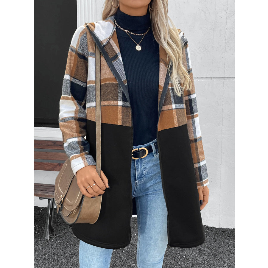 Plaid Zip Up Long Sleeve Hooded Outerwear Apparel and Accessories