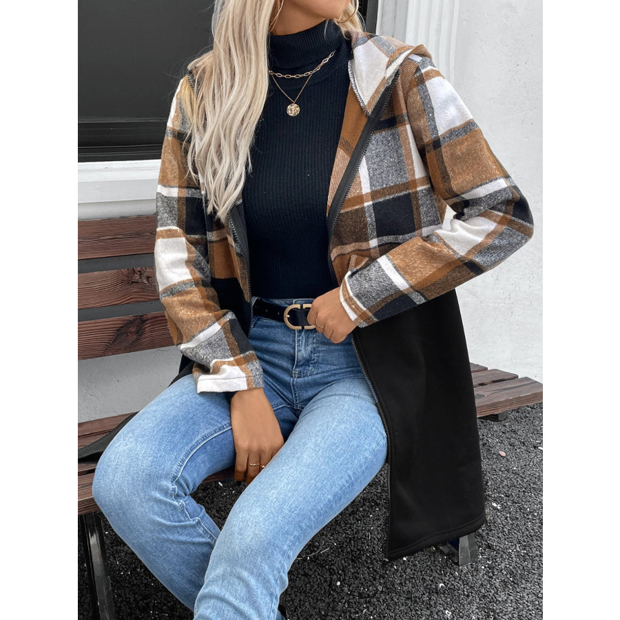 Plaid Zip Up Long Sleeve Hooded Outerwear Apparel and Accessories