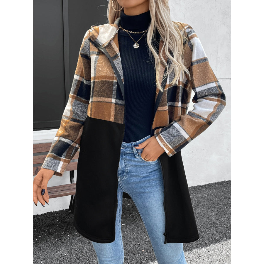 Plaid Zip Up Long Sleeve Hooded Outerwear Apparel and Accessories