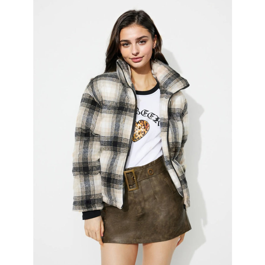 Plaid Zip Up Long Sleeve Jacket Apparel and Accessories