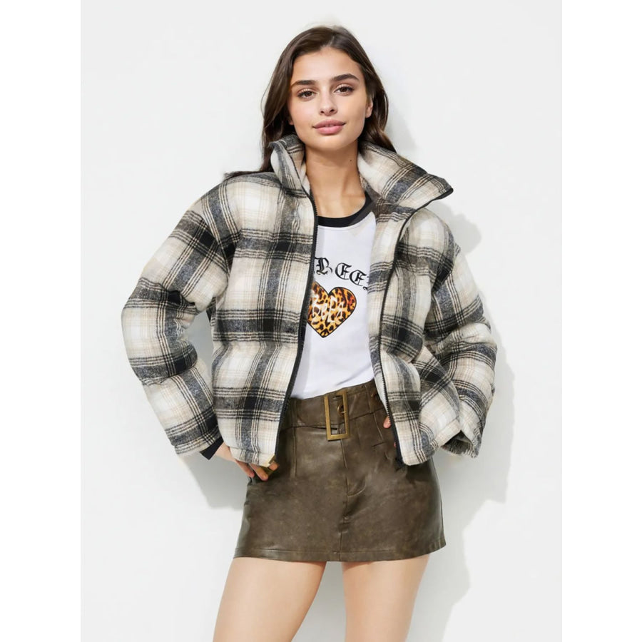 Plaid Zip Up Long Sleeve Jacket Apparel and Accessories