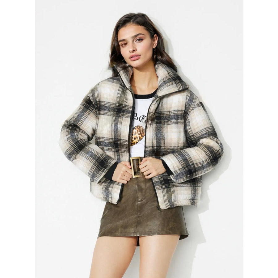 Plaid Zip Up Long Sleeve Jacket Gray / S Apparel and Accessories