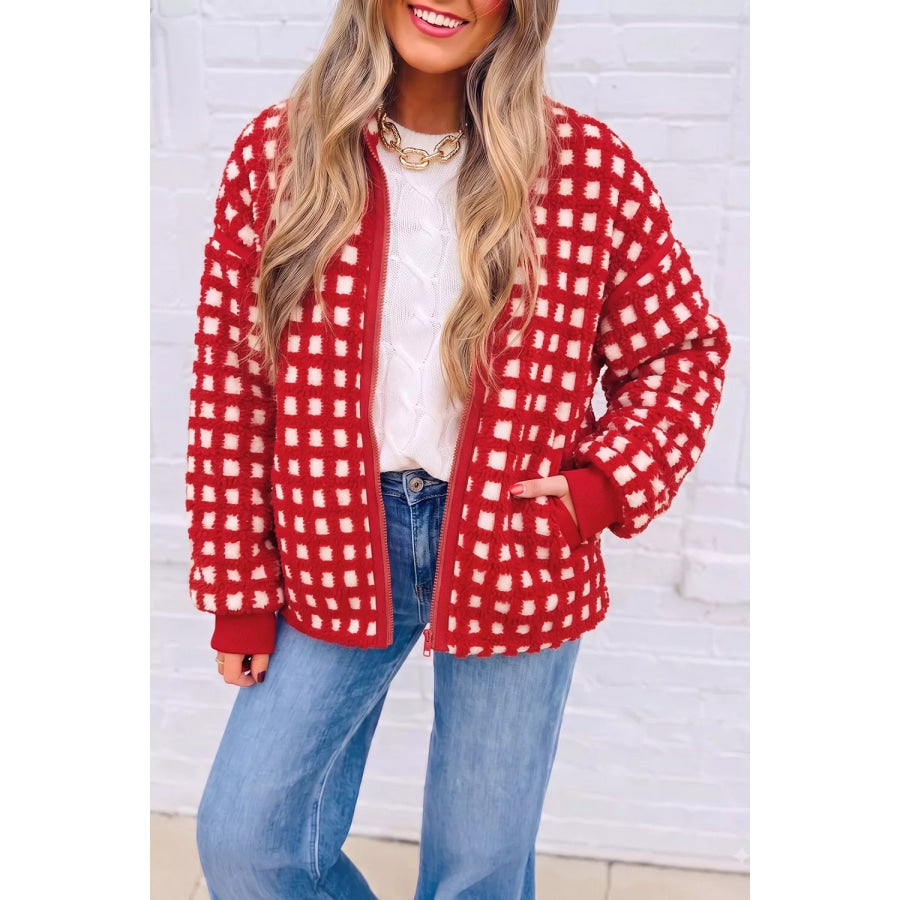 Plaid Zip-Up Long Sleeve Outerwear Deep Red / S Apparel and Accessories
