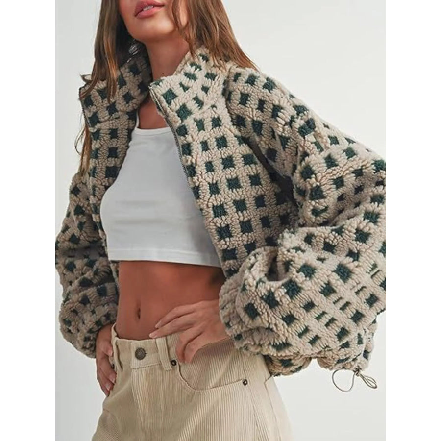 Plaid Zip Up Sherpa Jacket Army Green / S Apparel and Accessories