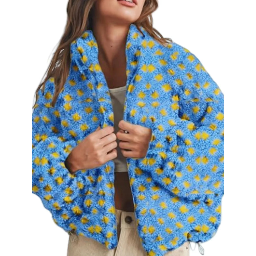 Plaid Zip Up Sherpa Jacket Light Blue / S Apparel and Accessories