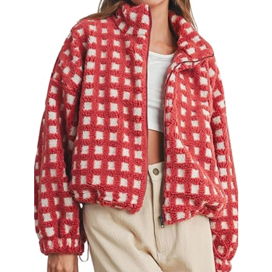 Plaid Zip Up Sherpa Jacket Red Grid / S Apparel and Accessories