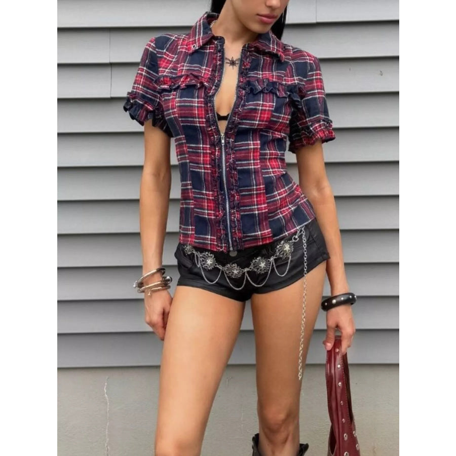 Plaid Zip-Up Shirt Apparel and Accessories