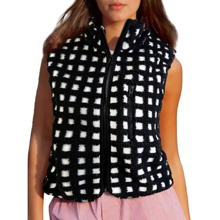 Plaid Zip Up Vest Coat Black And White / S Apparel and Accessories