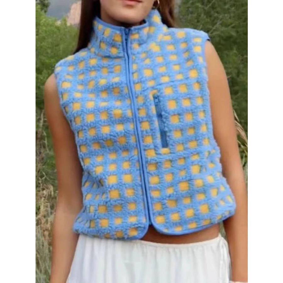 Plaid Zip Up Vest Coat Blue / S Apparel and Accessories