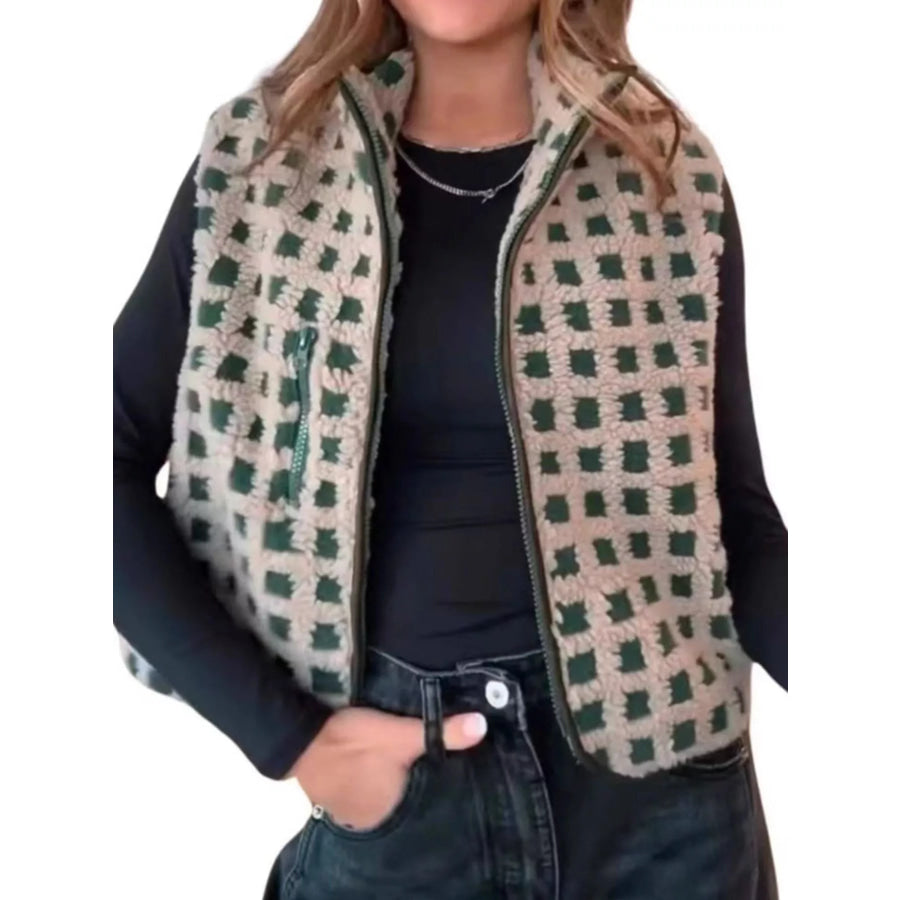 Plaid Zip Up Vest Coat Green / S Apparel and Accessories