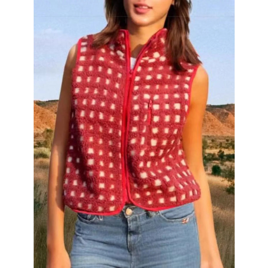 Plaid Zip Up Vest Coat Red / S Apparel and Accessories