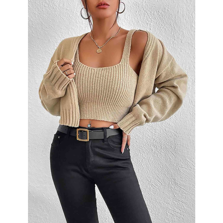 Plain Sweater Cami and Cardigan Set Tan / S