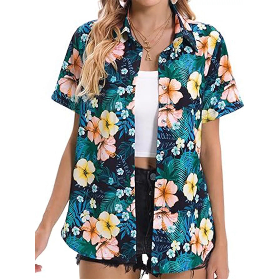 Plant Print Short Sleeve Shirt Blue In Stock / S Apparel and Accessories