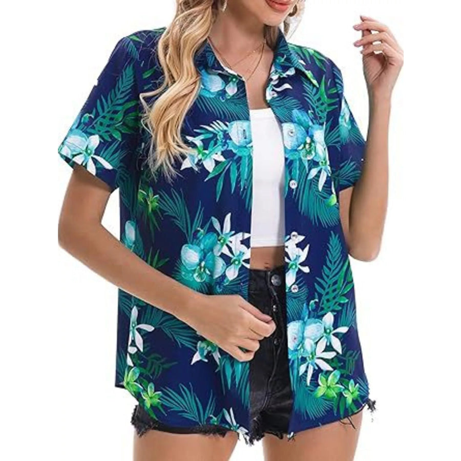 Plant Print Short Sleeve Shirt Dark Blue / S Apparel and Accessories