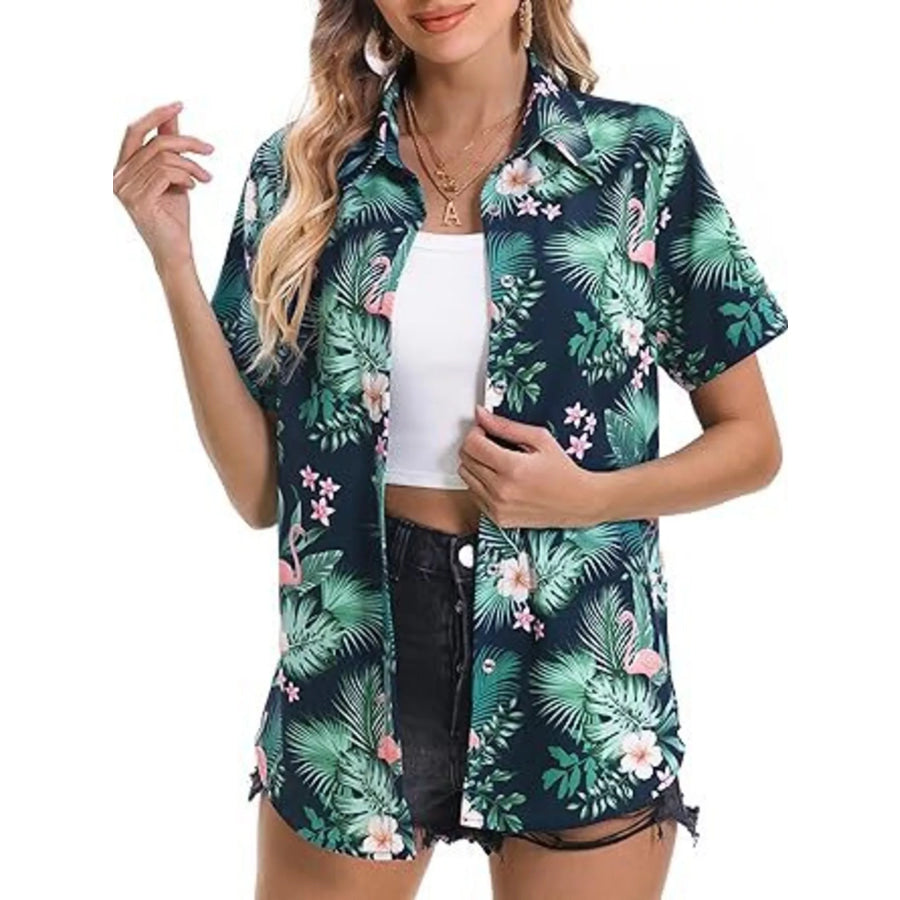 Plant Print Short Sleeve Shirt Green / S Apparel and Accessories