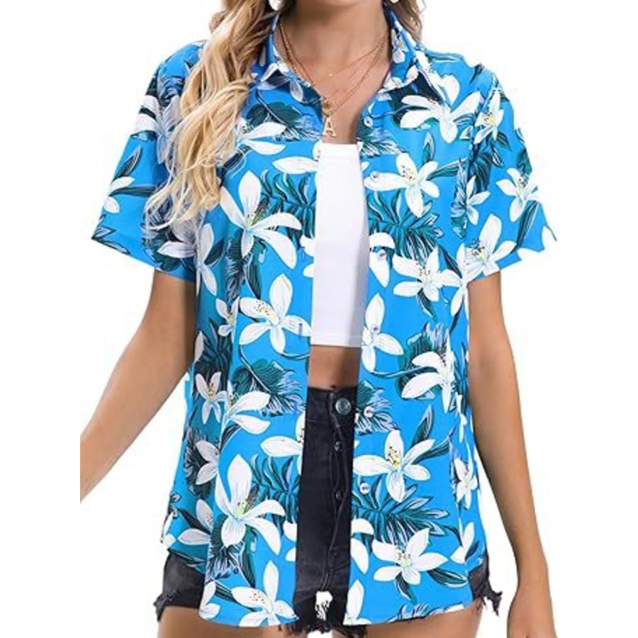 Plant Print Short Sleeve Shirt Pastel Blue / S Apparel and Accessories