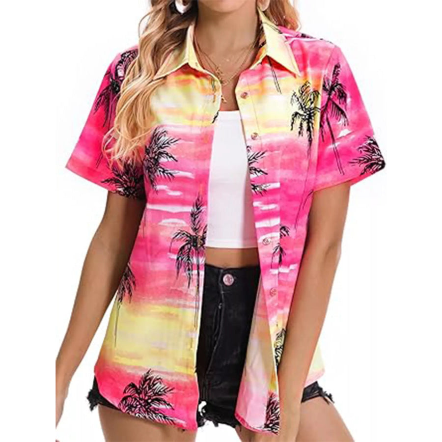 Plant Print Short Sleeve Shirt Pink / S Apparel and Accessories