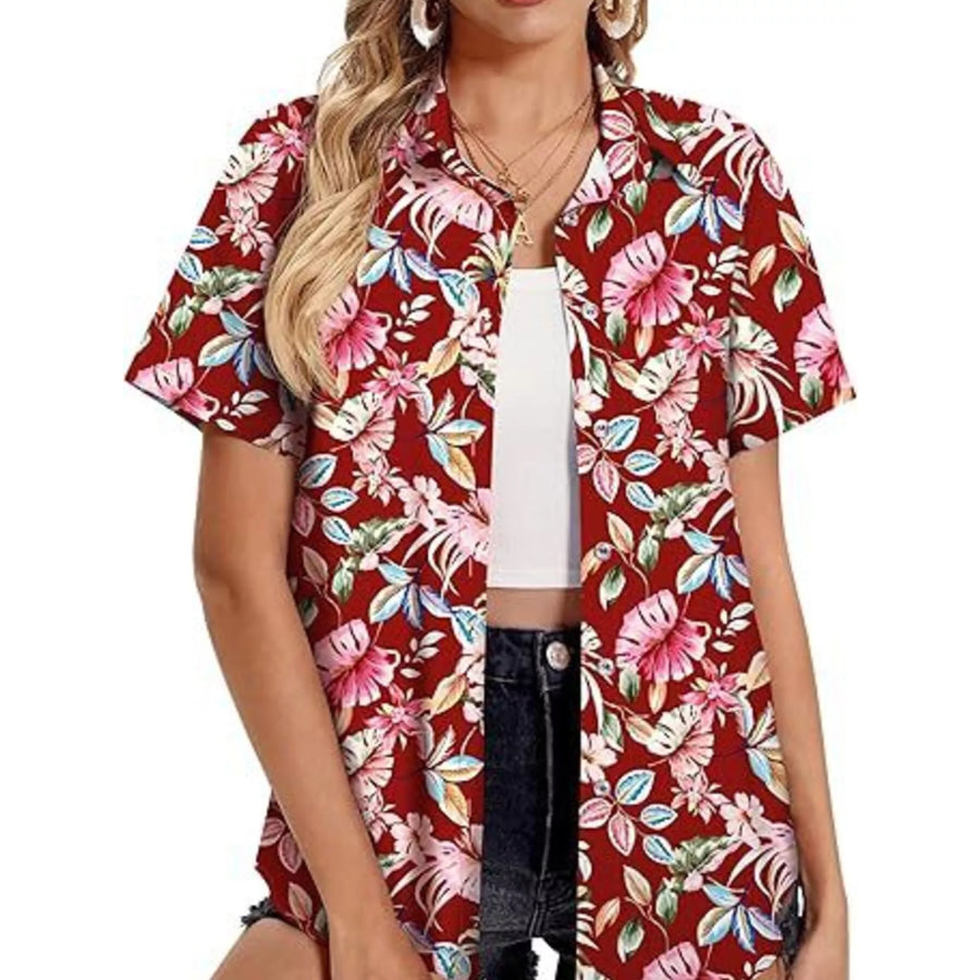 Plant Print Short Sleeve Shirt Red Tropical / S Apparel and Accessories