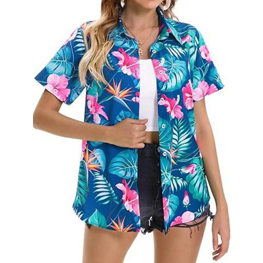 Plant Print Short Sleeve Shirt Sky Blue / S Apparel and Accessories