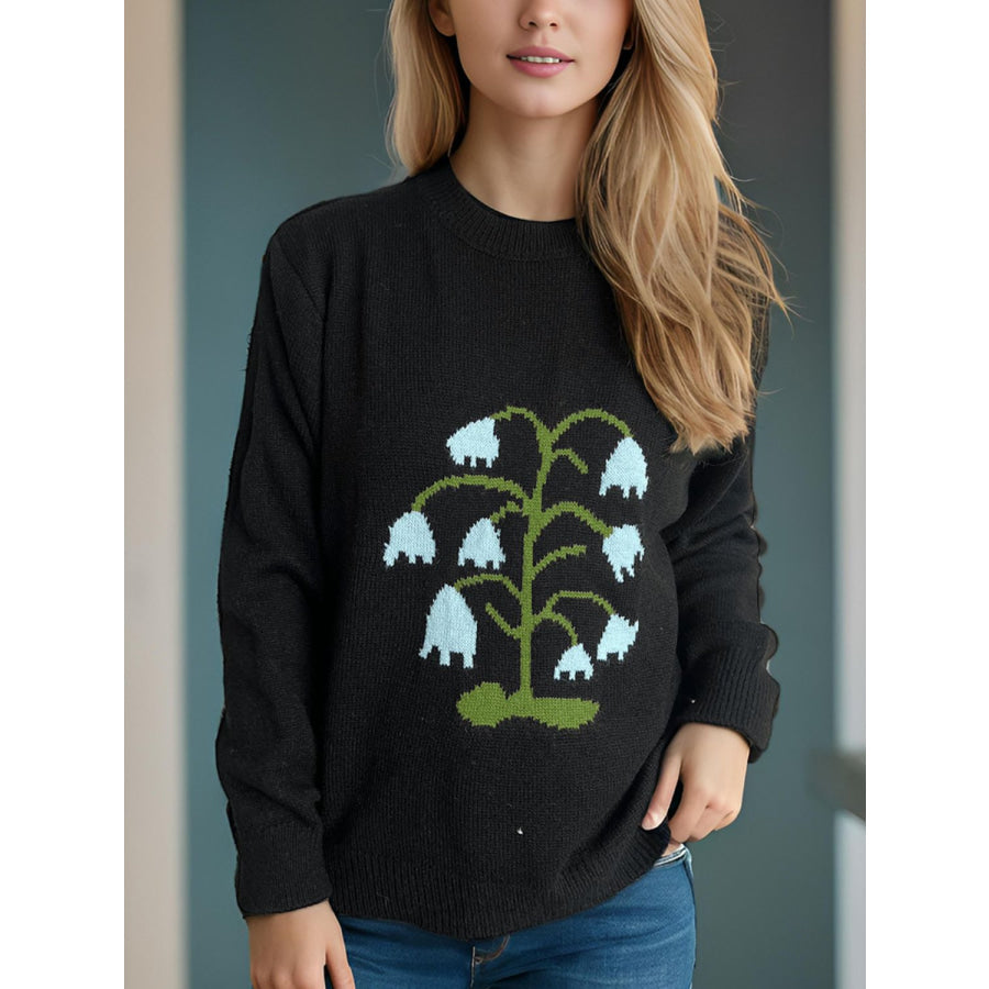 Plant Round Neck Long Sleeve Sweater Apparel and Accessories