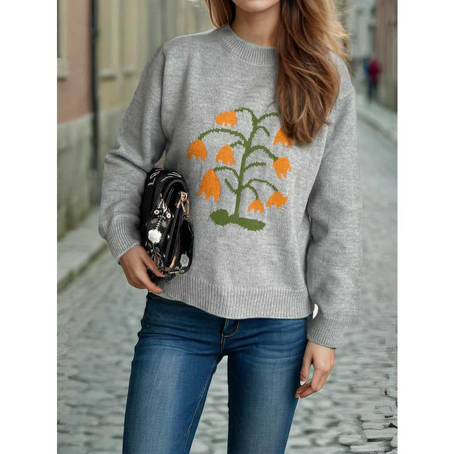 Plant Round Neck Long Sleeve Sweater Apparel and Accessories