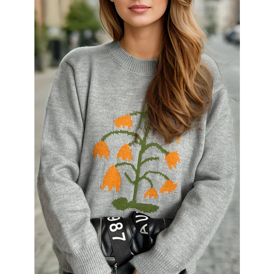 Plant Round Neck Long Sleeve Sweater Apparel and Accessories