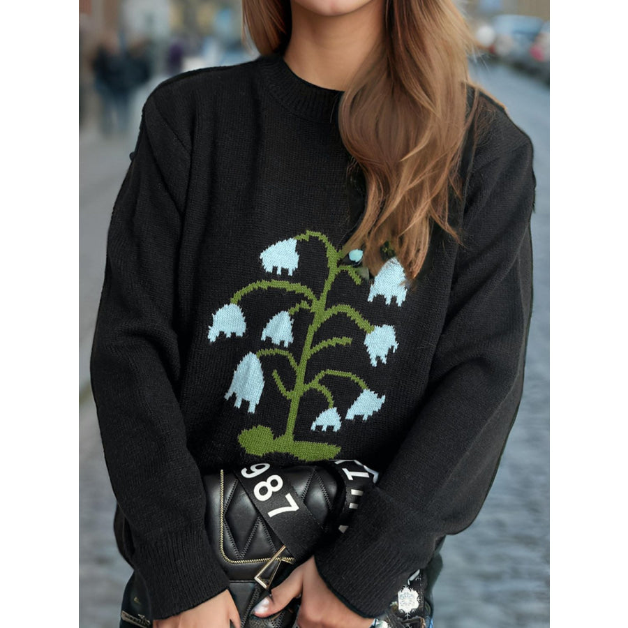 Plant Round Neck Long Sleeve Sweater Apparel and Accessories