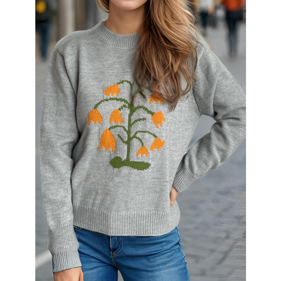 Plant Round Neck Long Sleeve Sweater Apparel and Accessories