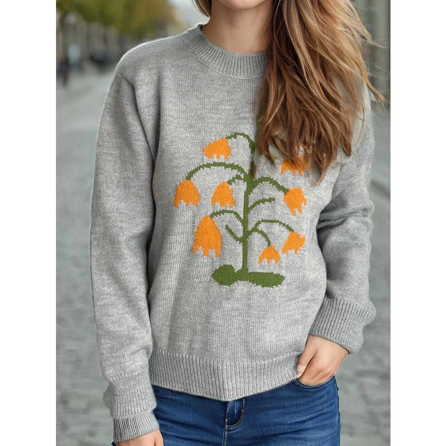 Plant Round Neck Long Sleeve Sweater Gray / One Size Apparel and Accessories