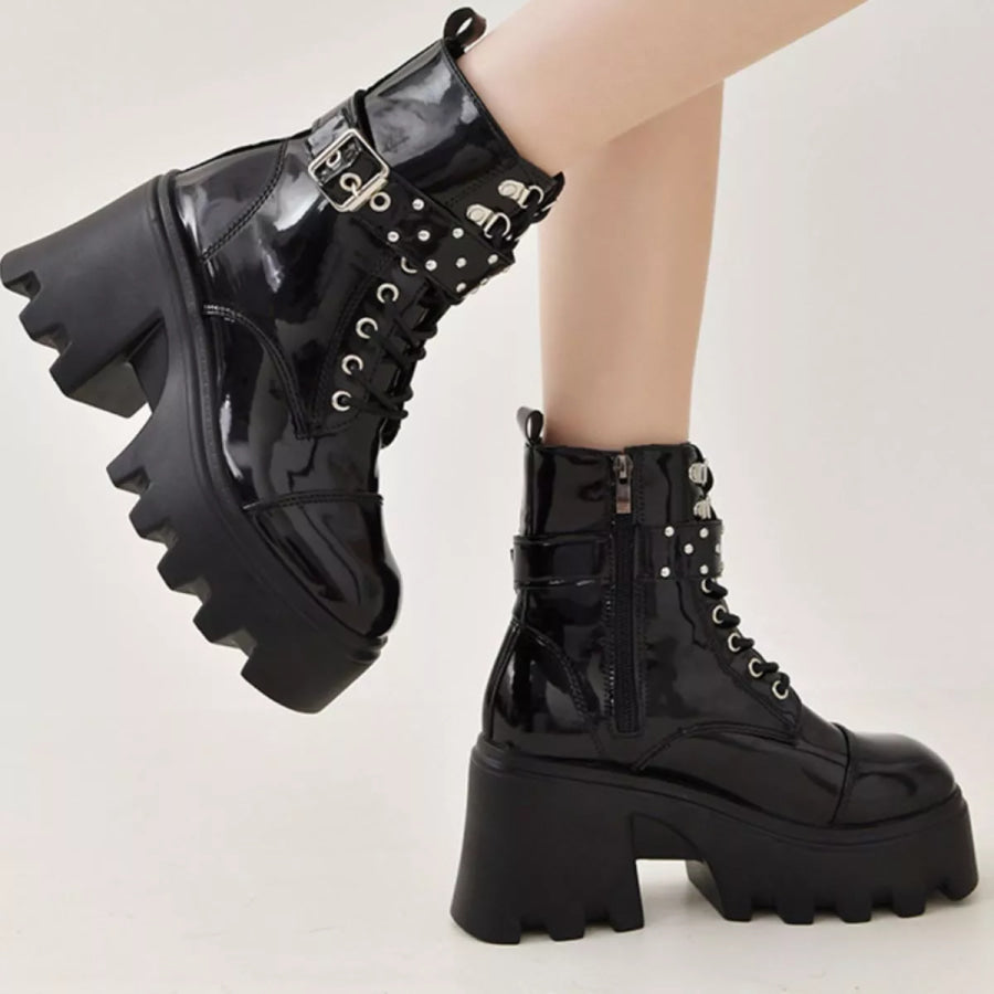 Platform Ankle Boots with Buckle and Studded Detail Apparel and Accessories