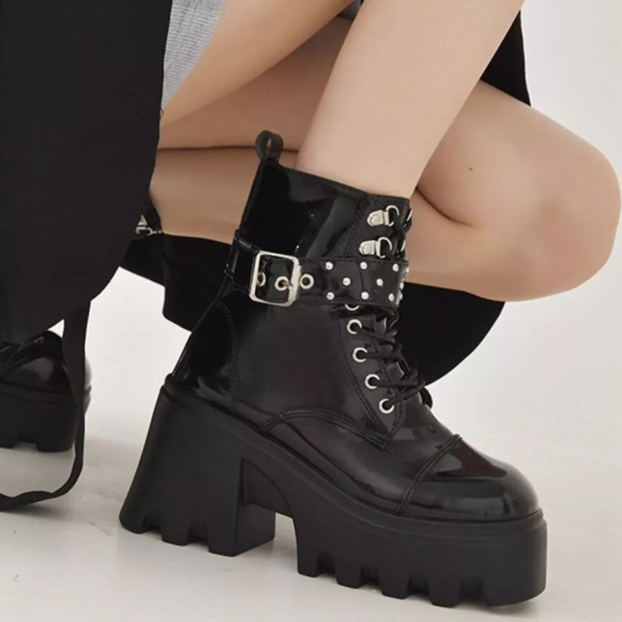 Platform Ankle Boots with Buckle and Studded Detail Apparel and Accessories