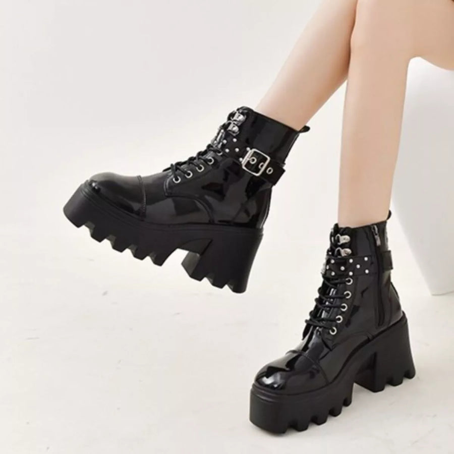 Platform Ankle Boots with Buckle and Studded Detail Apparel and Accessories