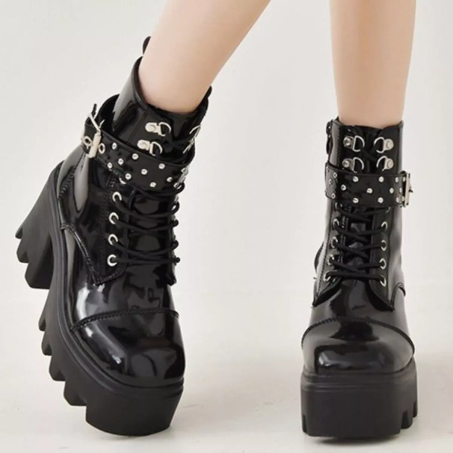Platform Ankle Boots with Buckle and Studded Detail Apparel and Accessories