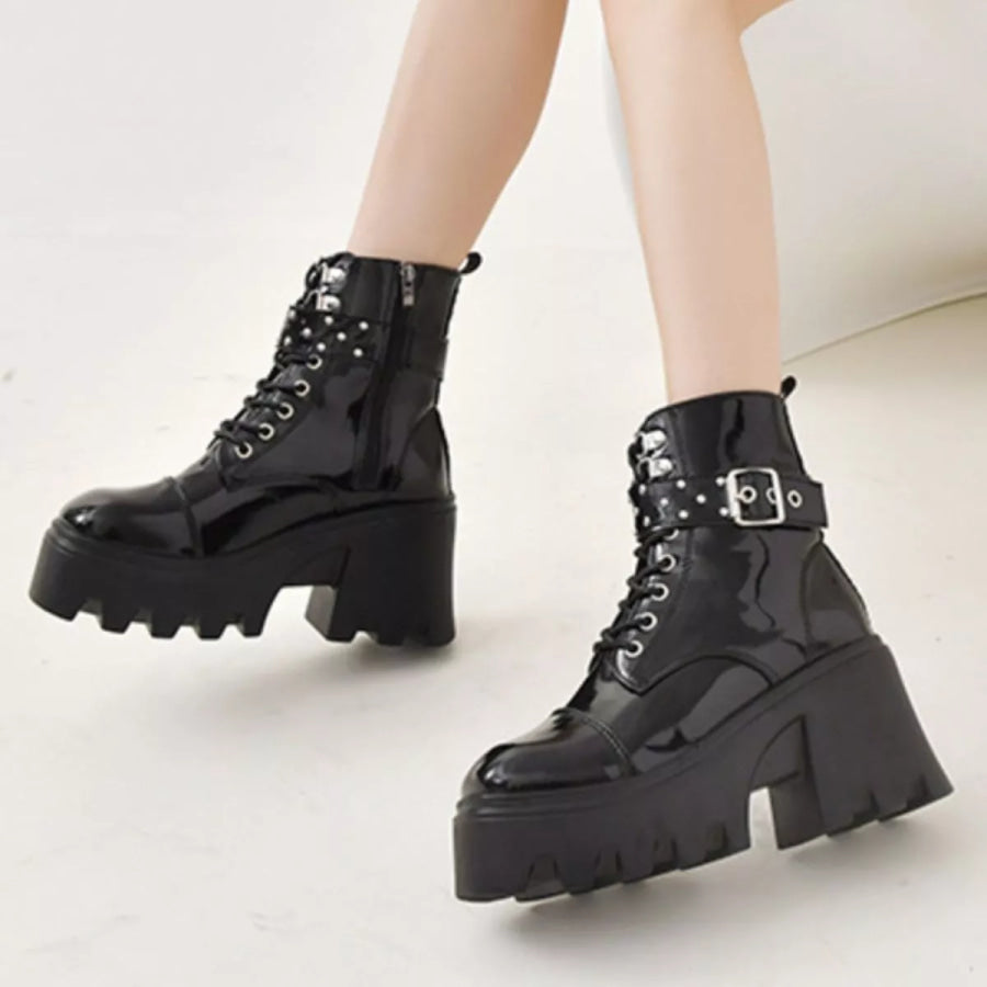 Platform Ankle Boots with Buckle and Studded Detail Apparel and Accessories