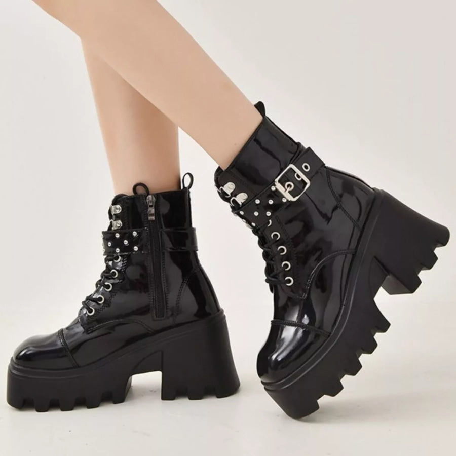 Platform Ankle Boots with Buckle and Studded Detail Black / 35 Apparel and Accessories