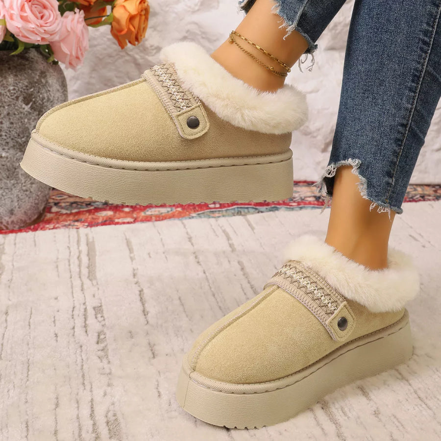 Platform Faux Fur Lined Suede Slip-On Boots Beige / 36 Apparel and Accessories