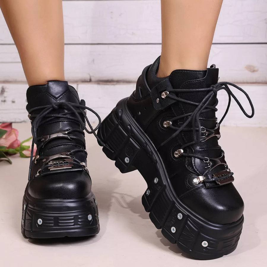 Platform Lace-Up Chunky Leather Shoes 纯黑色 / 36 Apparel and Accessories
