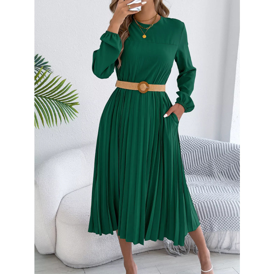 Pleated A-Line Midi Dress Green / S Apparel and Accessories