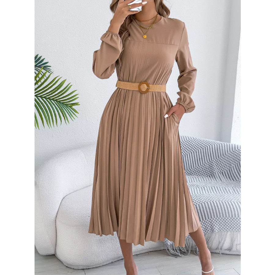 Pleated A-Line Midi Dress Khaki / S Apparel and Accessories