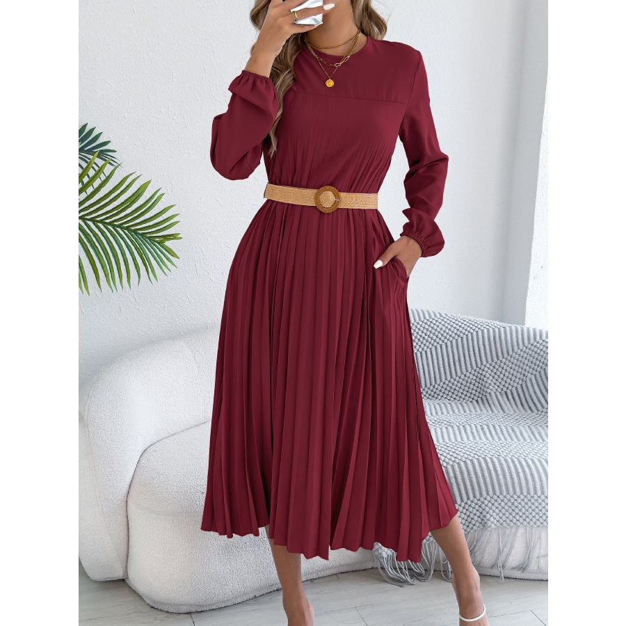 Pleated A-Line Midi Dress Wine Red / S Apparel and Accessories
