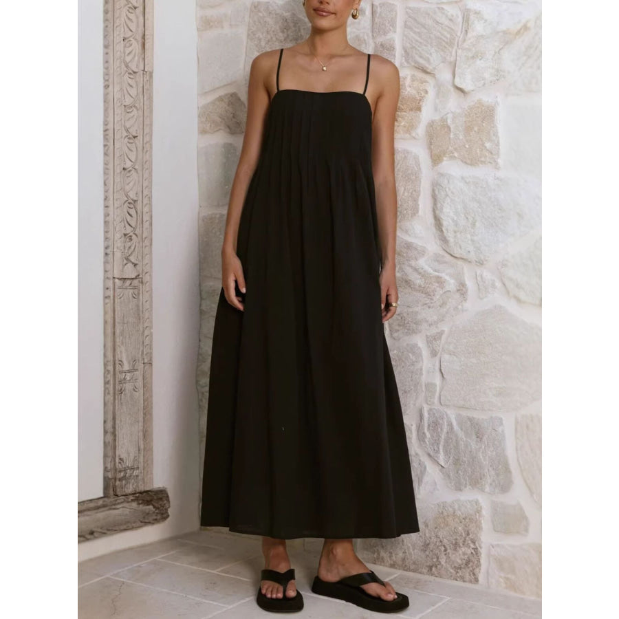 Pleated Bodice Midi Cami Dress Black / S Apparel and Accessories