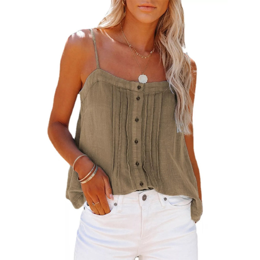 Pleated Button-Down Spaghetti Strap Cami Khaki / S Apparel and Accessories