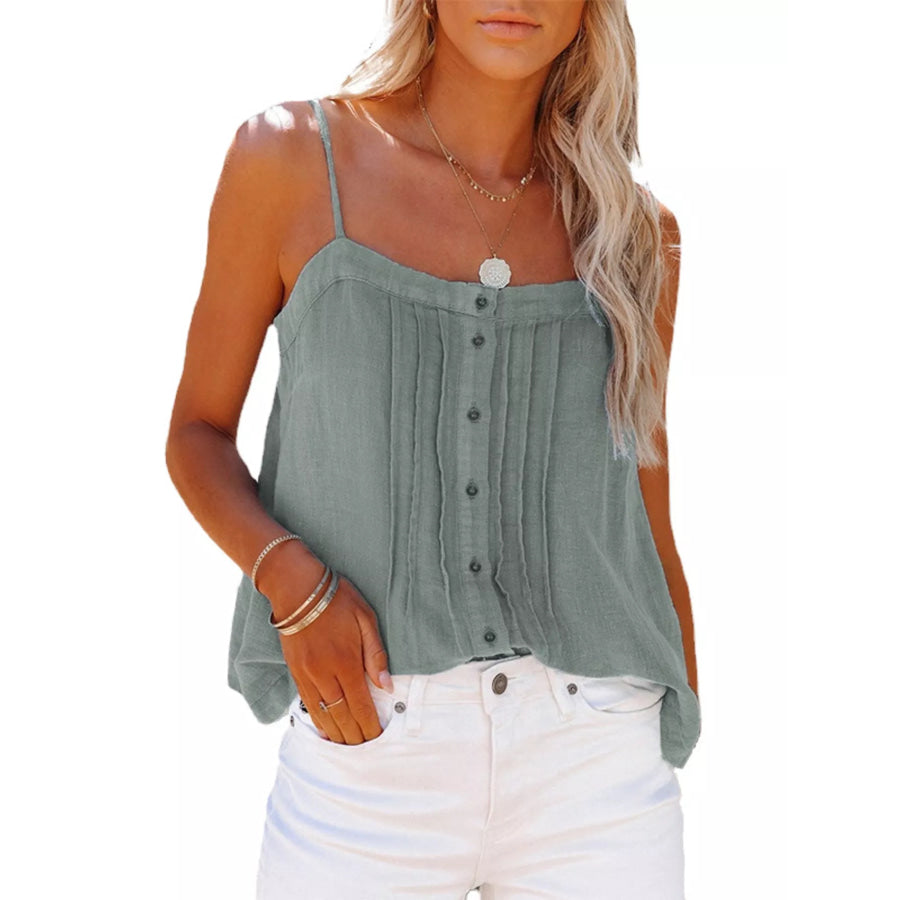 Pleated Button-Down Spaghetti Strap Cami Sage / S Apparel and Accessories