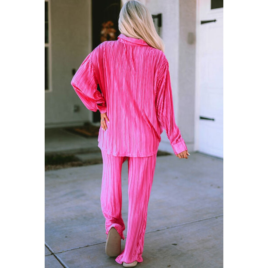 Pleated Button Up Shirt and Wide-Leg Pants Set Hot Pink / S Clothing