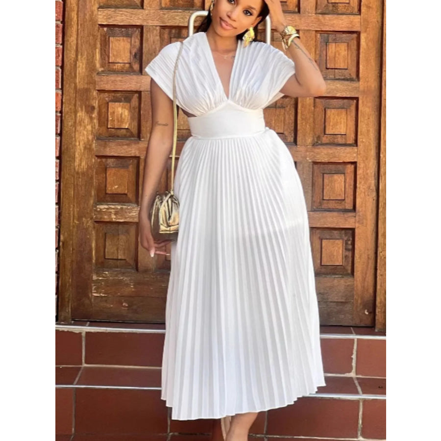 Pleated Cap Sleeve Midi Dress Apparel and Accessories
