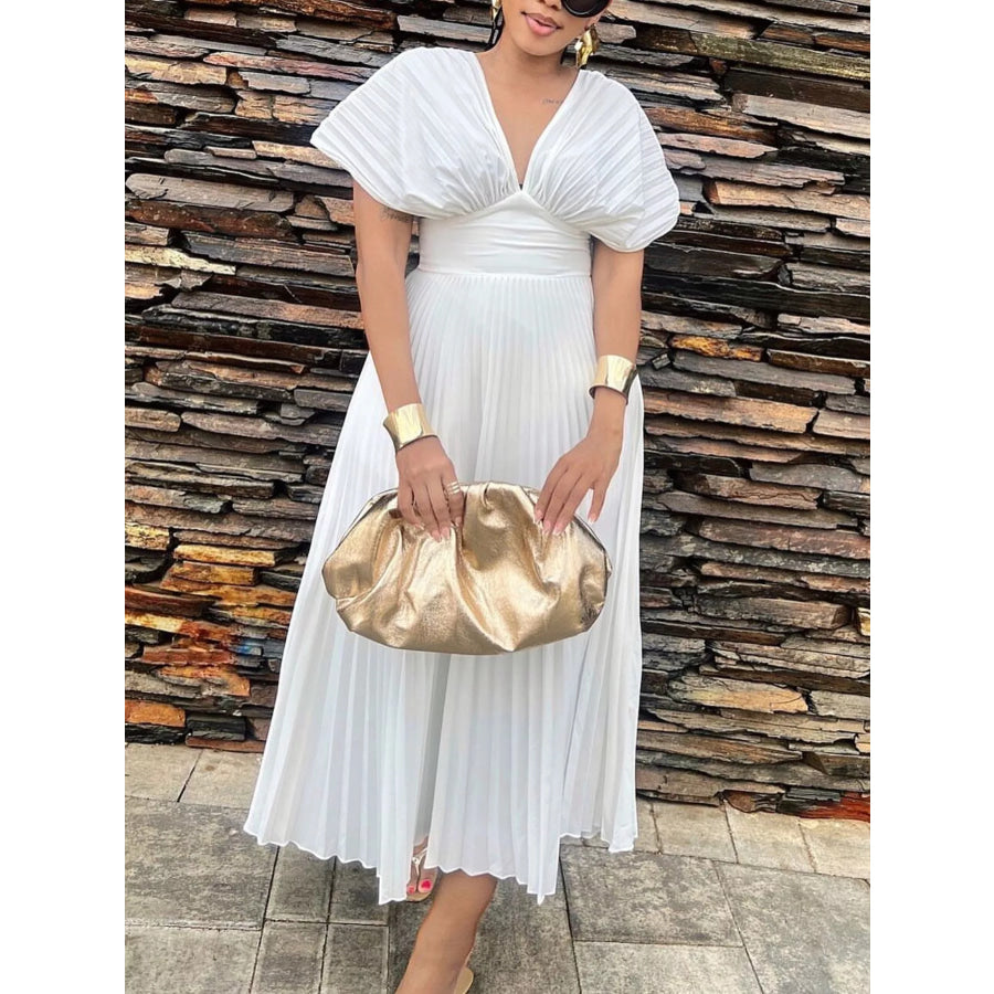 Pleated Cap Sleeve Midi Dress White / S Apparel and Accessories